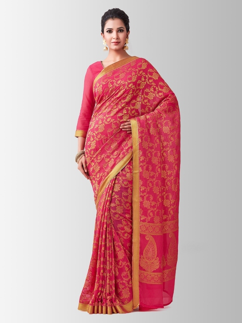 

Mitera Pink & Gold-Toned Poly Chiffon Printed Kanjeevaram Saree