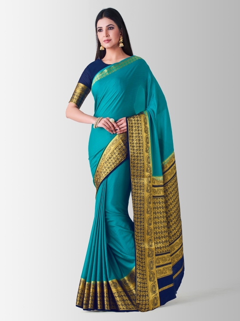 

Mitera Blue Poly Crepe Solid Kanjeevaram Saree