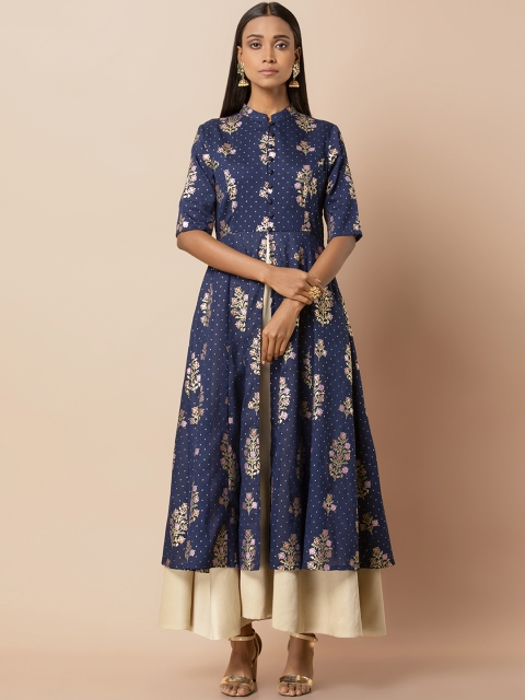 

INDYA Women Navy Beige Foil Dress with Attached Skirt, Blue