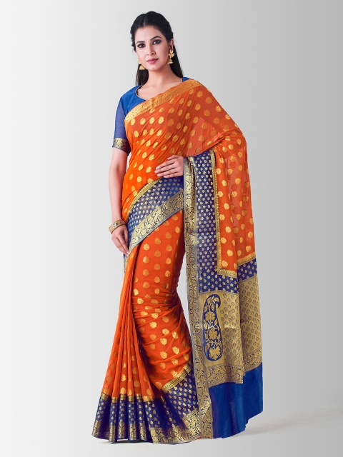 

Mitera Orange & Blue Poly Chiffon Woven Design Kanjeevaram Saree