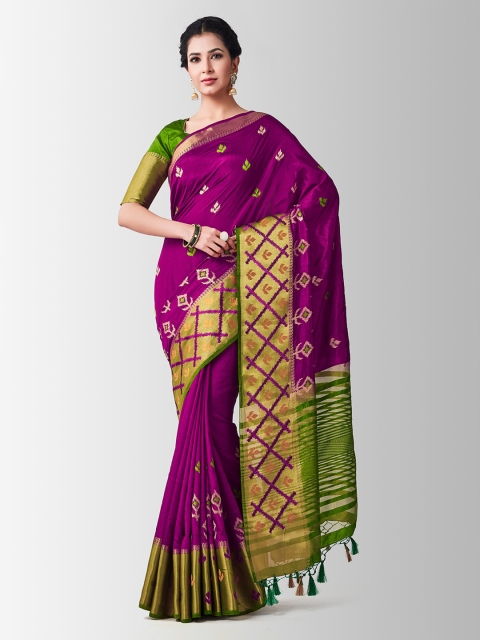 

Mitera Purple & Gold-Toned Art Silk Embroidered Kanjeevaram Saree