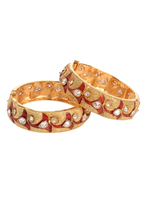 

Bamboo Tree Jewels Set of 2 Gold-Toned & Red Enamelled Kundan Studded Bangles