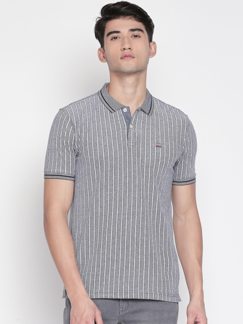 

BYFORD by Pantaloons Men Navy Blue Striped Polo Collar T-shirt