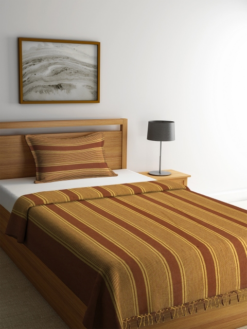 

NEUDIS Brown & Yellow Striped Single Bed Cover With Pillow Cover
