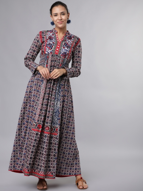 Vishudh Women Navy Blue Printed Ethnic Maxi Dress