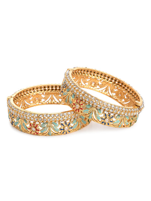 

Bamboo Tree Jewels Set of 2 Gold-Toned & Blue Enamelled Kundan Studded Bangles