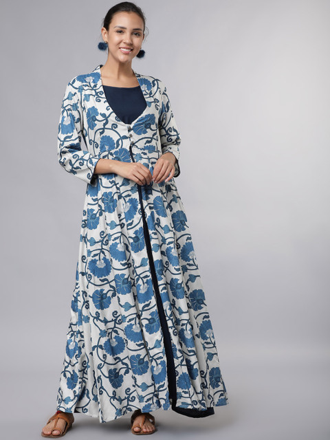 

Vishudh Women Grey & Blue Printed Maxi Dress