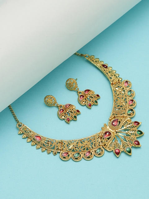 

ZeroKaata Gold-Plated & Maroon Stone Studded Ethnic Jewellery Set