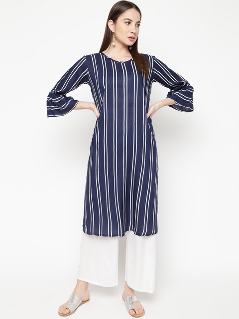 

Napra Women Navy Blue & White Striped Straight Kurta