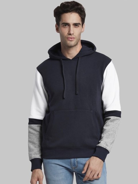 

Parx Men Blue & White Colourblocked Hooded Pullover Sweatshirt