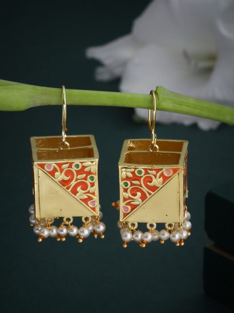 

Studio Voylla Gold-Toned & Red Geometric Drop Earrings