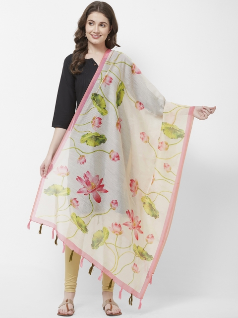 

Faserz Cream-Coloured & Green Chanderi Silk Digital Printed Dupatta