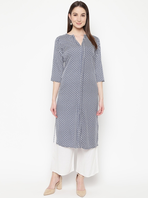 

Napra Women White & Blue Printed Straight Kurta