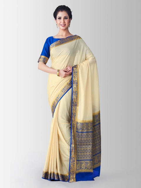 

Mitera Beige & Gold-Toned Poly Crepe Solid Kanjeevaram Saree