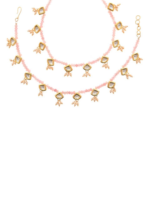 

Bamboo Tree Jewels Set of 2 Gold-Toned & Pink Beaded Kundan Studded Handcrafted Anklets