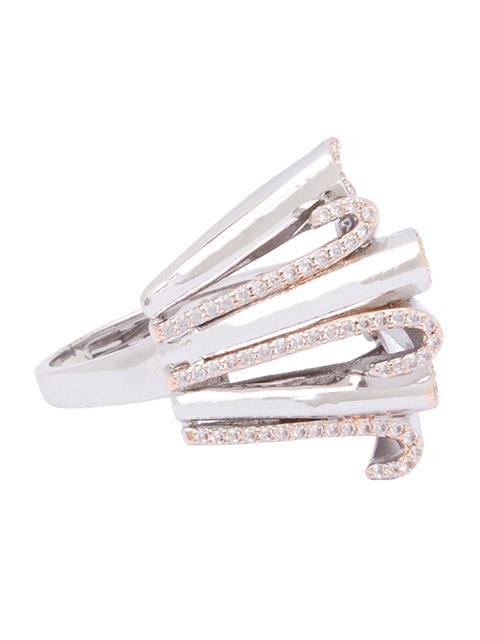 Shaze Silver-Toned & Rose-Gold-Plated Stone-Studded Interlocked Finger Ring