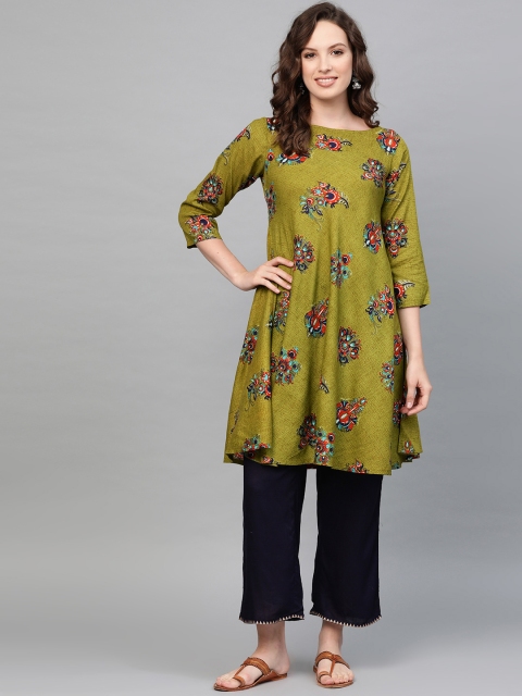 

Jompers Women Olive Green & Navy Blue Printed Anarkali with Palazzos
