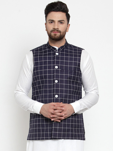 

Jompers Men Navy Blue & White Checked Nehru Jacket
