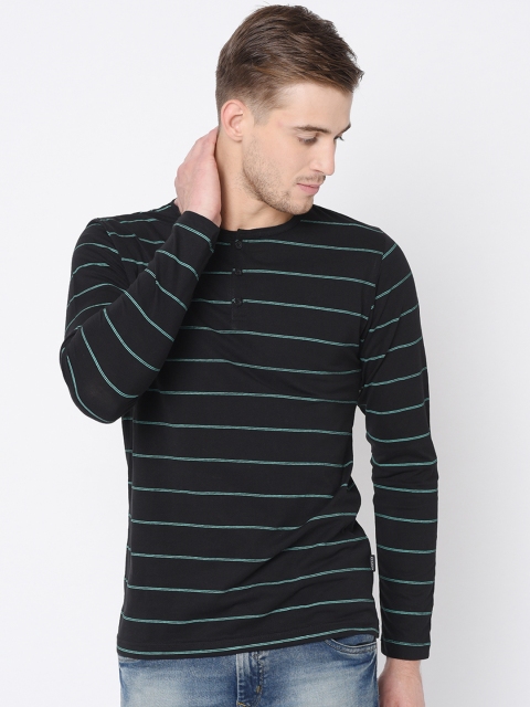 

Rigo Men Black Striped Slim-Fit Henley Neck T-shirt