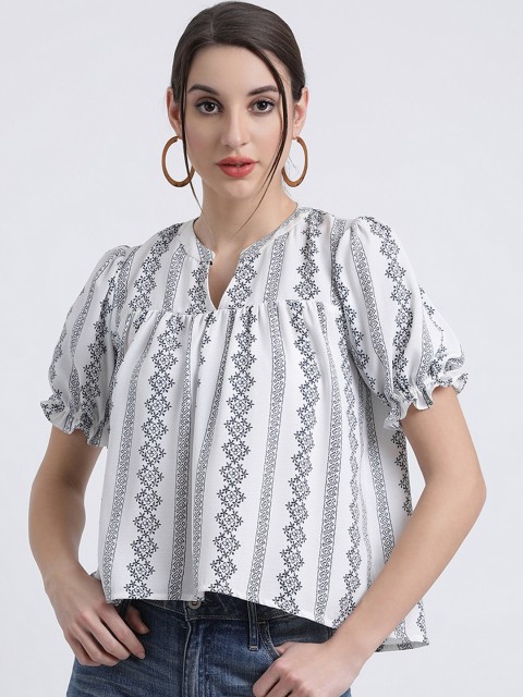 

Zink London Women White & Navy Blue Printed A-Line Top