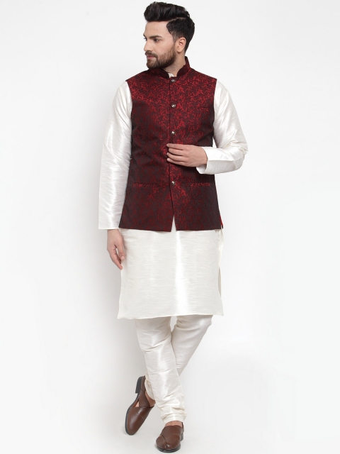 

Jompers Men Off-White & Maroon Self Design Kurta with Churidar