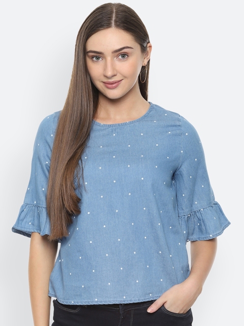 

People Women Blue & White Printed Denim Top