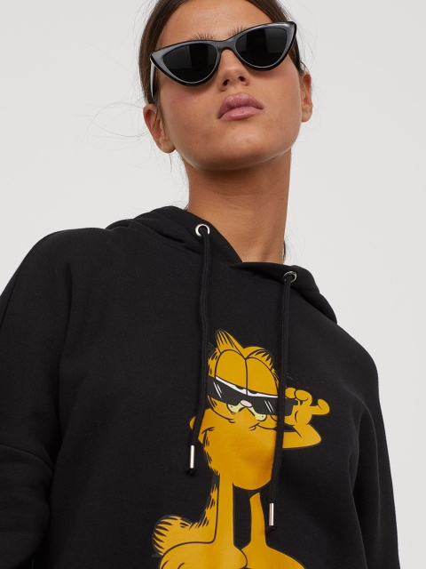 

H&M Women Black & Yellow Printed Oversized Hooded Top