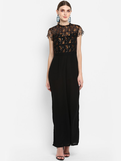 

TRENDY DIVVA Women Black & Orange Solid Basic Jumpsuit With Lace Detailing