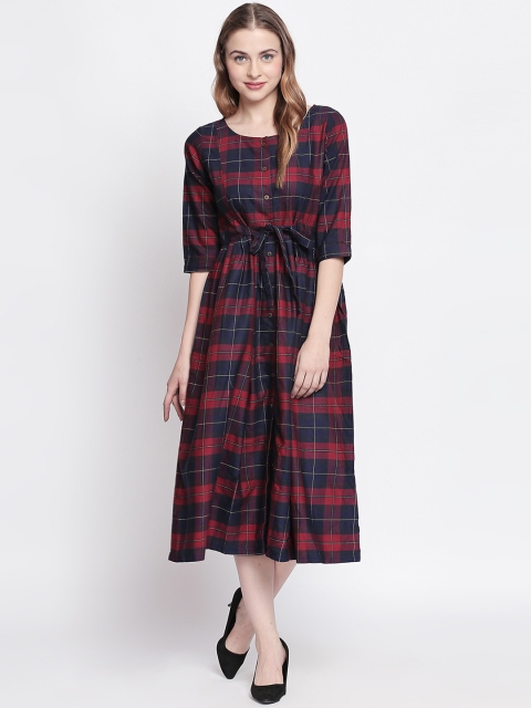 

AKKRITI BY PANTALOONS Women Red Checked Fit and Flare Dress