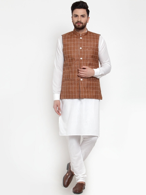 

Jompers Men White & Brown Solid Kurta Set