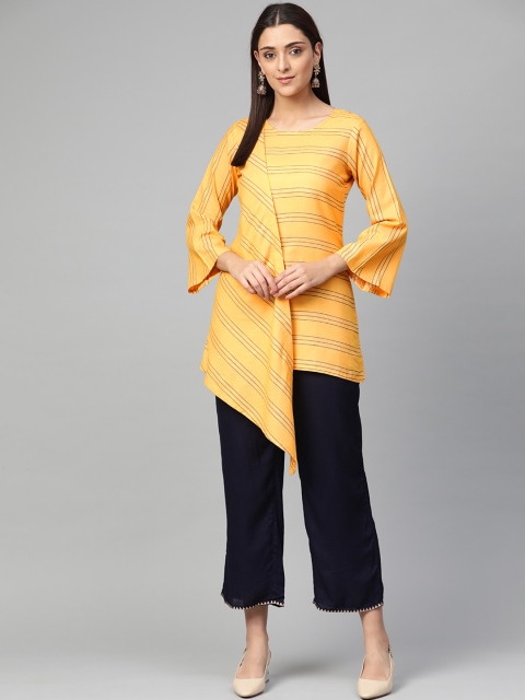 

Jompers Women Yellow & Navy Blue Striped Kurti with Palazzos