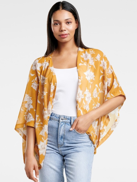 

Forever New Women Mustard & White Printed Open Front Shrug