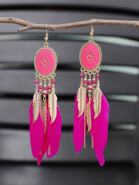 

Crunchy Fashion Pink & Gold-Toned Rhodium-Plated Feather Shaped Drop Earrings