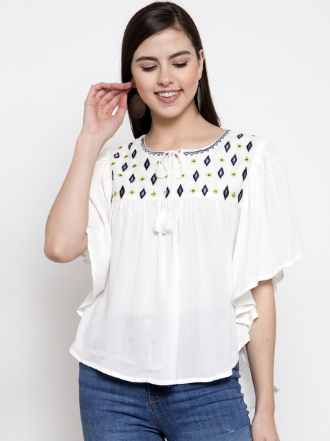 

Purple State Women White Embroidered A-Line Top