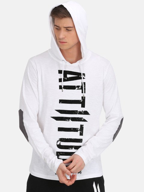 

ATTIITUDE Men White Printed Hooded Slim Fit T-shirt