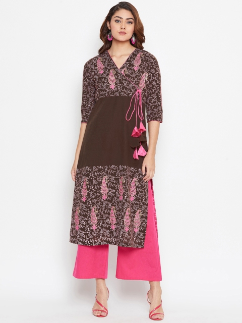 

Bitterlime Women Brown & Pink Block Print Straight Kurta