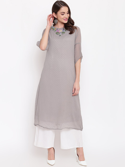 

Napra Women Grey Embroidered A-Line Kurta