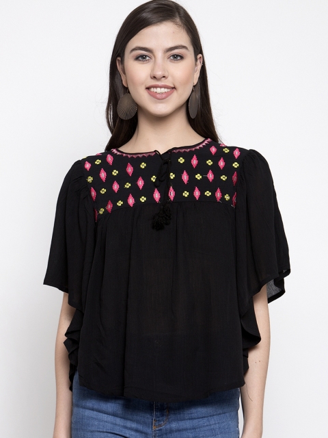

Purple State Women Black Printed A-Line Top