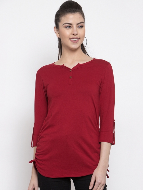 

Kalt Women Red Solid Pure Cotton Top With Tie-up Detail