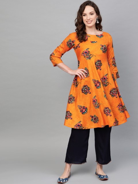 

Jompers Women Orange & Navy Blue Printed Kurta with Palazzos
