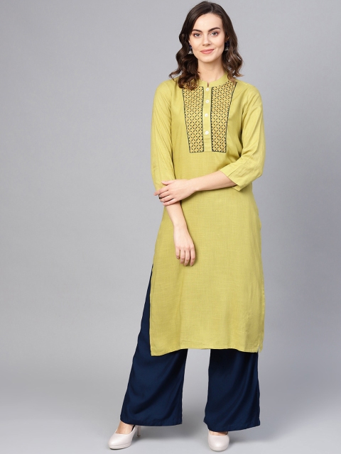 

Jompers Women Lime Green & Navy Blue Yoke Design Kurta with Palazzos