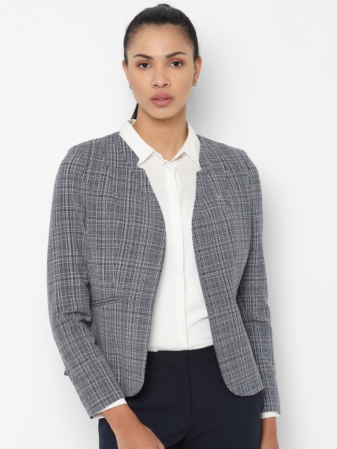 

Allen Solly Woman Grey & White Checked Collarless Open-Front Blazer