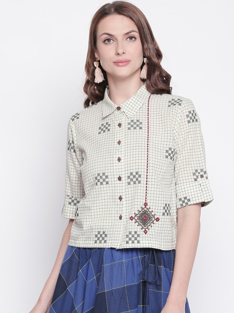 AKKRITI BY PANTALOONS Women Off-White Printed Shirt Style Pure Cotton Top