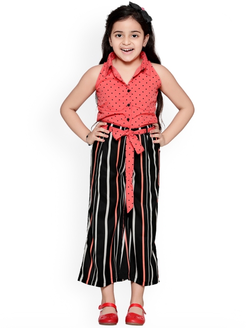 

LilPicks Girls Peach-Coloured & Black Printed Basic Jumpsuit