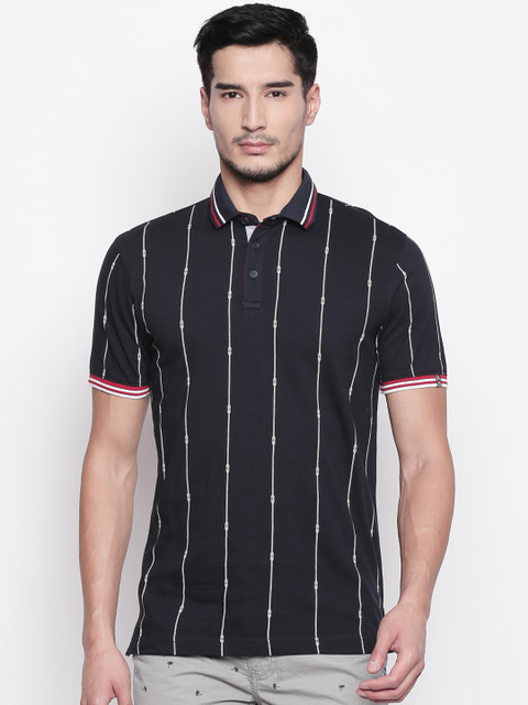 

BYFORD by Pantaloons Men Navy Blue & White Striped Polo Collar T-shirt