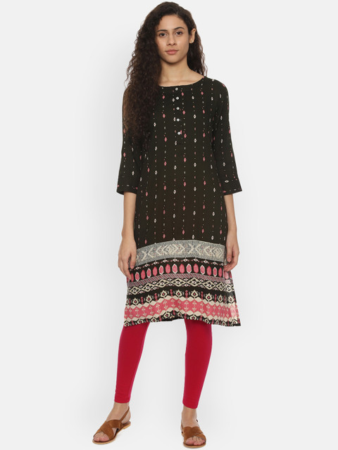 

People Women Black Printed Straight Kurta