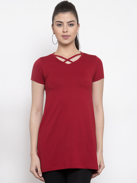 

Kalt Women Red Solid Round Neck Longline T-shirt