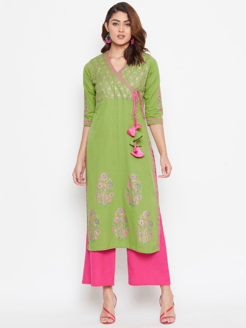 

Bitterlime Women Green Block Printed Straight Kurta