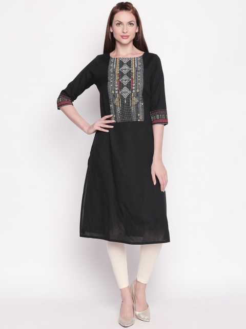 

RANGMANCH BY PANTALOONS Women Black Yoke Design Straight Kurta