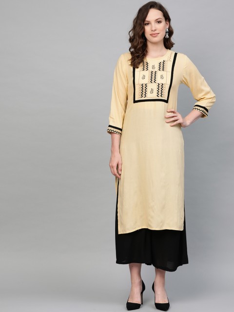 

Jompers Women Cream-Coloured Ethnic Motifs Yoke Design Regular Kurti with Palazzos